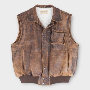 Adam Spencer Vintage Distressed Leather Sherpa Lined Vest Brown Mens M
